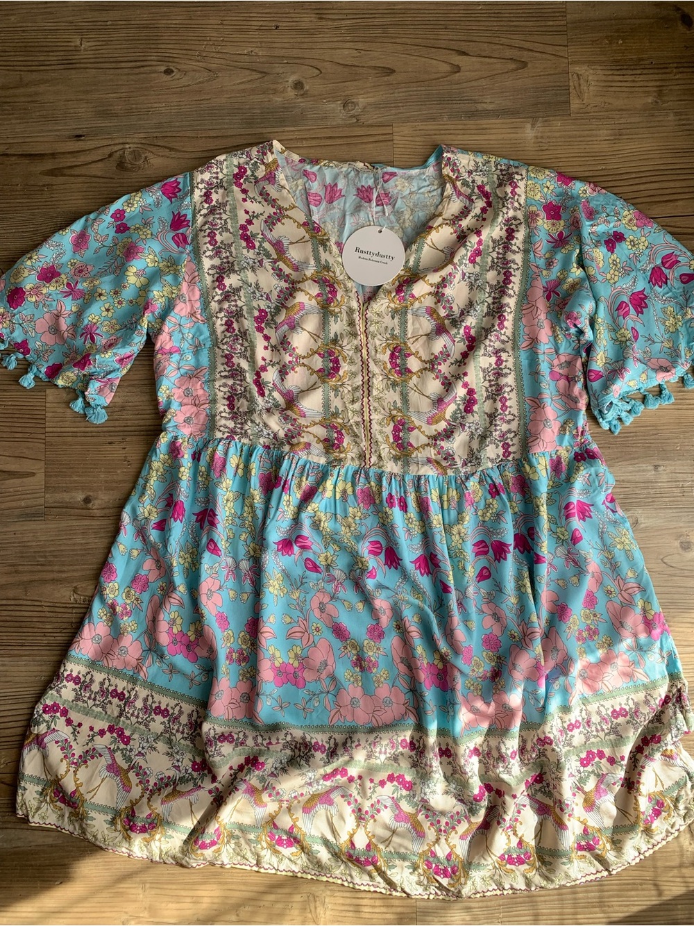 Rusttydustty MODERN BOHEMIA CRUSH Floral Bird Print Boho Dress/Tunic Viscose